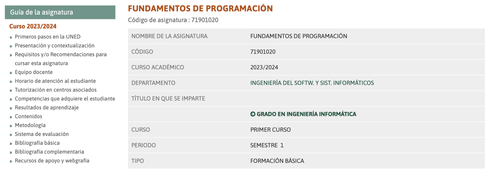 Captura de pantalla del detalle de la asignatura Fundamentos de Programación. En el menú izquierdo, podemos encontrar información de gran interés clasificada por secciones